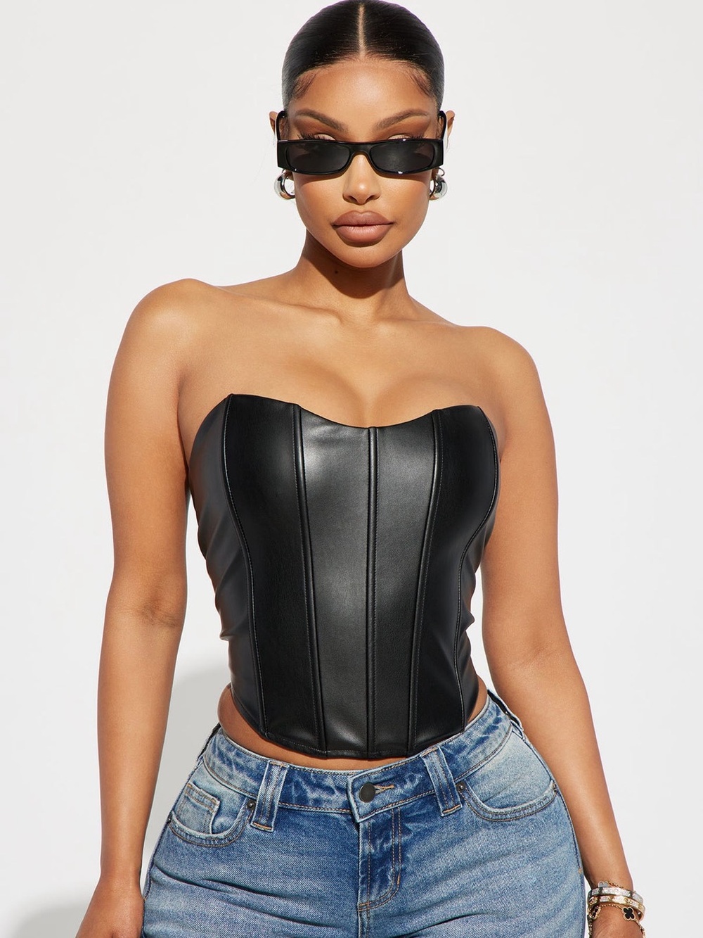 Fashion Nova Faux Leather Strapless Corset Top in Black